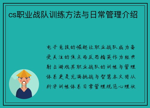 cs职业战队训练方法与日常管理介绍