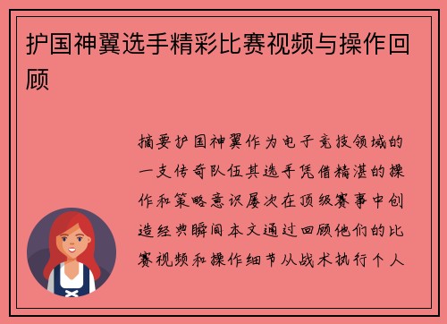 护国神翼选手精彩比赛视频与操作回顾