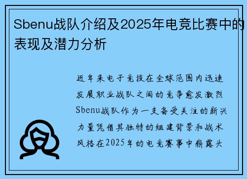 Sbenu战队介绍及2025年电竞比赛中的表现及潜力分析